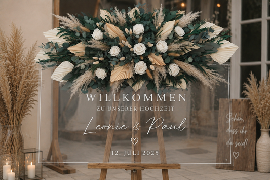 Boho Blumenarrangement aus Trockenblumen und Infinity Rosen für Traubogen oder Willkommensschild