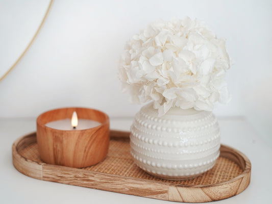 Tischdeko, Hortensie weiß mit LED Kerze