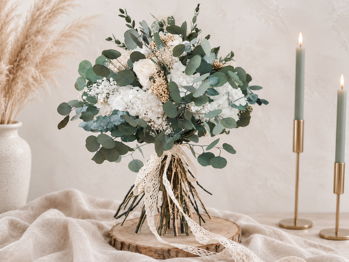 Großer Brautstrauß aus Infinity Rosen, konservierter weißer Hortensie, Schleierkraut  und stabilisiertem Eukalyptus
