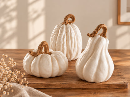 Deko Kürbisse 3er Set in Cremeweiß mit braunen Stielen als moderne Herbstdeko