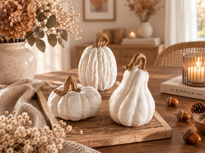Deko Kürbisse 3er Set in Cremeweiß mit braunen Stielen als cosy Herbstdeko
