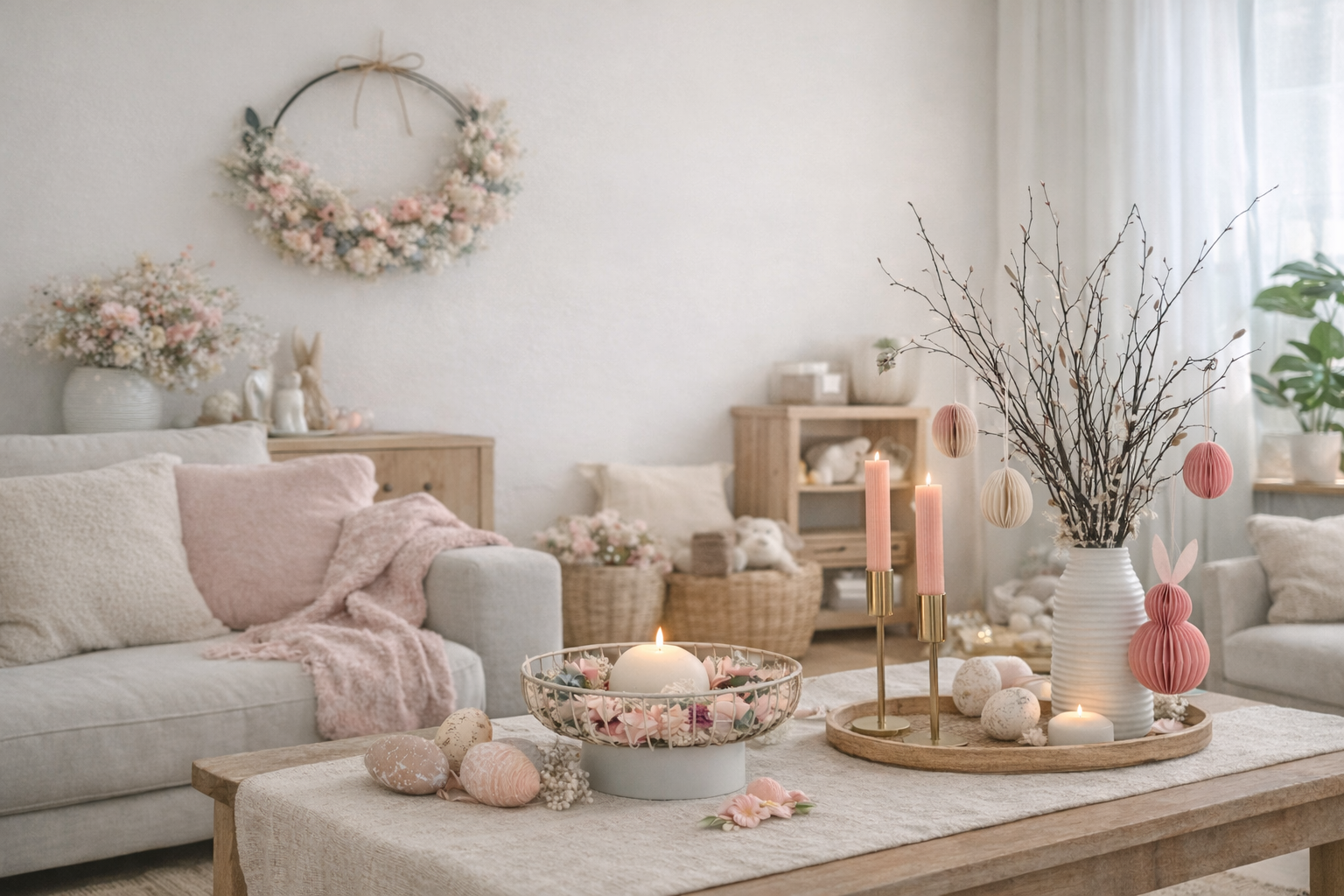 Helles Wohnzimmer mit Frühlings- und Osterdeko aus Trockenblumen, Papierhasen, Honeycombs, Kerzen und Vase – natürliche Wohnraumdekoration von Tanafleur.