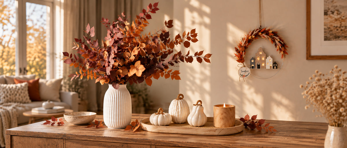 Herbstdeko mit Trockenblumenkranz, Eukalyptus, cremefarbenen Deko Kürbissen und Kerze im gemütlichen Wohnraum