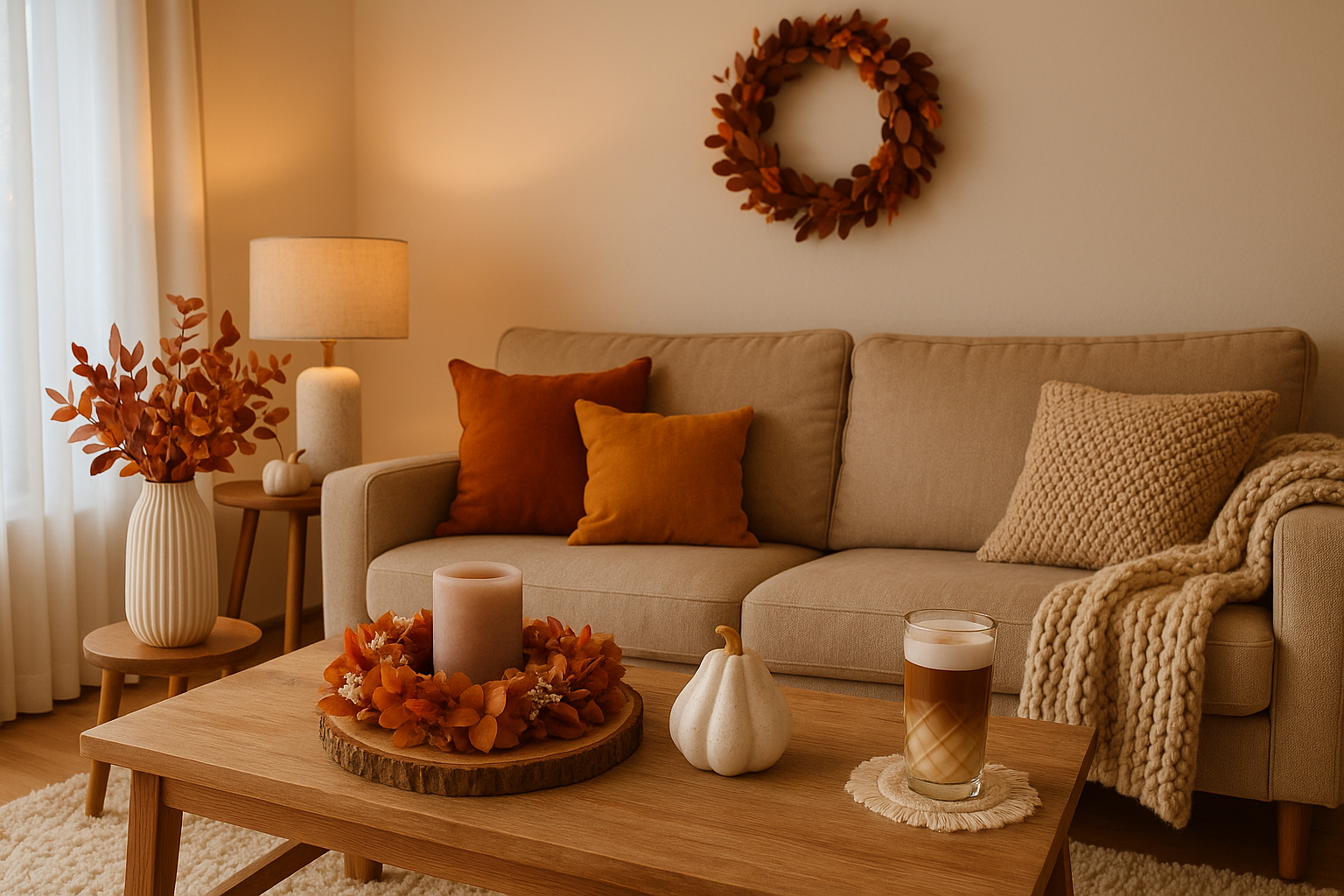 Herbstdekoration aus Trockenblumen und konserviertem Eukalyptus in orange und braun