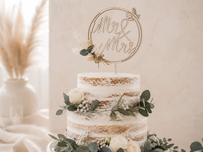 Holz Caketopper Mr. & Mrs. mit Trockenblumen für die Hochzeitstorte