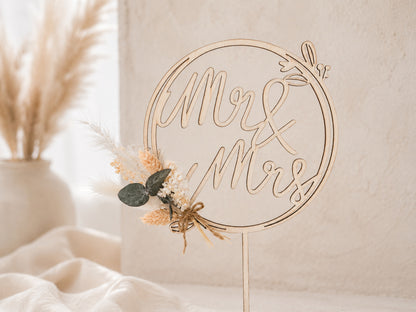Holz Caketopper Mr. & Mrs. mit Trockenblumen für die Hochzeitstorte