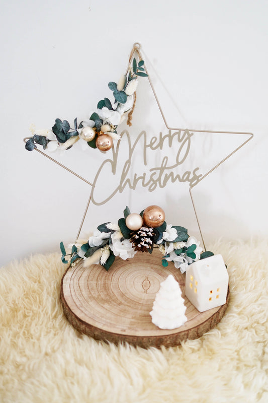 Weihnachtsstern Türkranz „Merry Christmas“ – Handgemachte Weihnachtsdeko aus Metall & konservierten Blumen