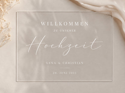 Personalisiertes Acryl Willkommensschild für die Hochzeit mit Namen und Datum im modernen Boho-Design