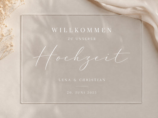 Personalisiertes Acryl Willkommensschild für die Hochzeit mit Namen und Datum im modernen Boho-Design